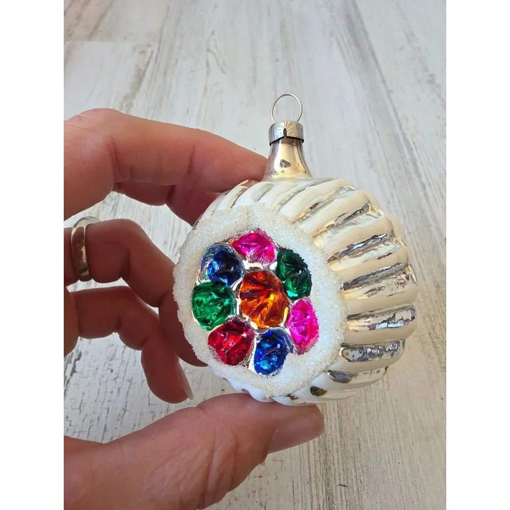 Vintage Czech flocked indent colorful white ornament Xmas‎ tree